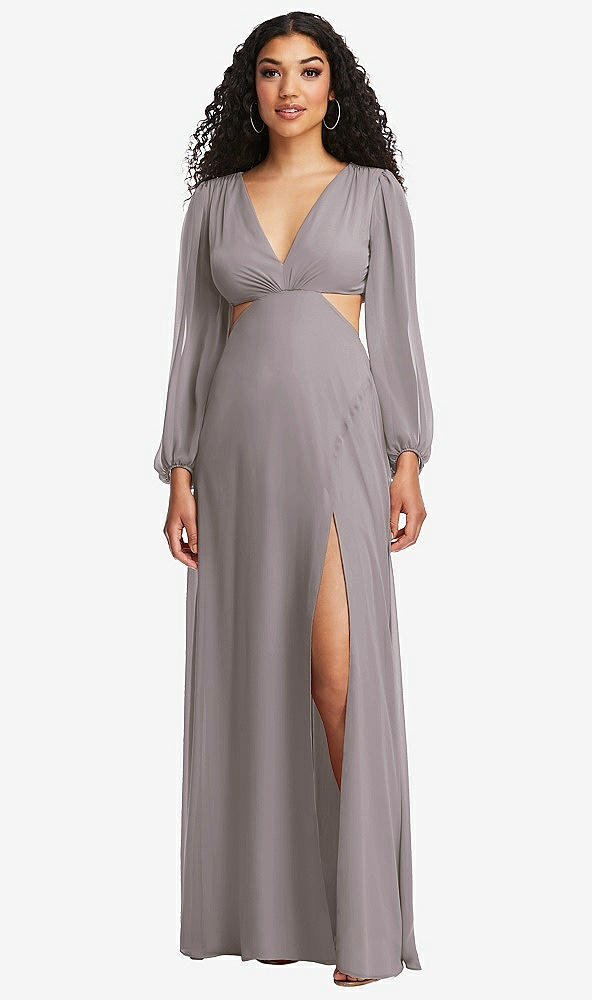 Front View - Cashmere Gray Long Puff Sleeve Cutout Waist Chiffon Maxi Dress 