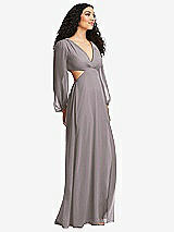Side View Thumbnail - Cashmere Gray Long Puff Sleeve Cutout Waist Chiffon Maxi Dress 