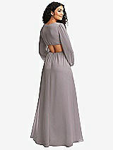 Rear View Thumbnail - Cashmere Gray Long Puff Sleeve Cutout Waist Chiffon Maxi Dress 
