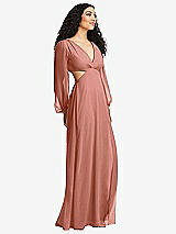 Side View Thumbnail - Desert Rose Long Puff Sleeve Cutout Waist Chiffon Maxi Dress 