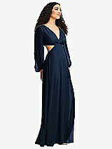 Side View Thumbnail - Midnight Navy Long Puff Sleeve Cutout Waist Chiffon Maxi Dress 