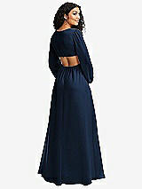Rear View Thumbnail - Midnight Navy Long Puff Sleeve Cutout Waist Chiffon Maxi Dress 