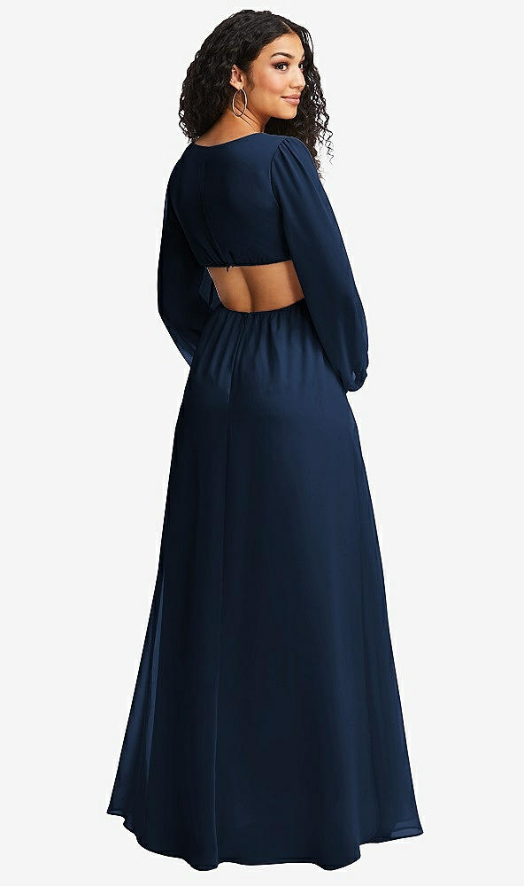 Back View - Midnight Navy Long Puff Sleeve Cutout Waist Chiffon Maxi Dress 