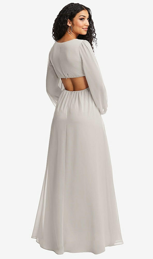 Back View - Oyster Long Puff Sleeve Cutout Waist Chiffon Maxi Dress 