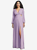 Front View Thumbnail - Pale Purple Long Puff Sleeve Cutout Waist Chiffon Maxi Dress 