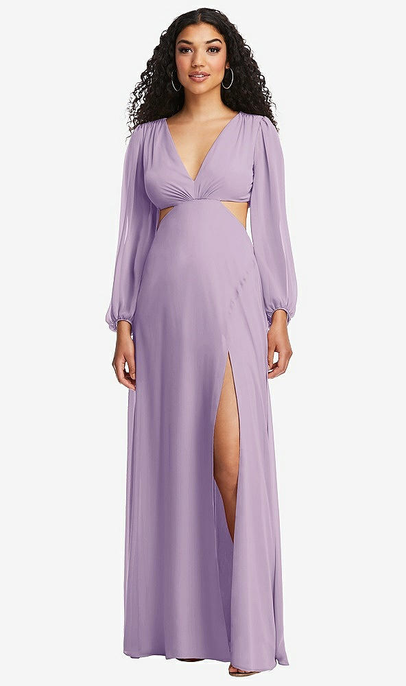 Front View - Pale Purple Long Puff Sleeve Cutout Waist Chiffon Maxi Dress 