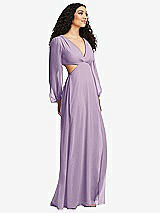 Side View Thumbnail - Pale Purple Long Puff Sleeve Cutout Waist Chiffon Maxi Dress 