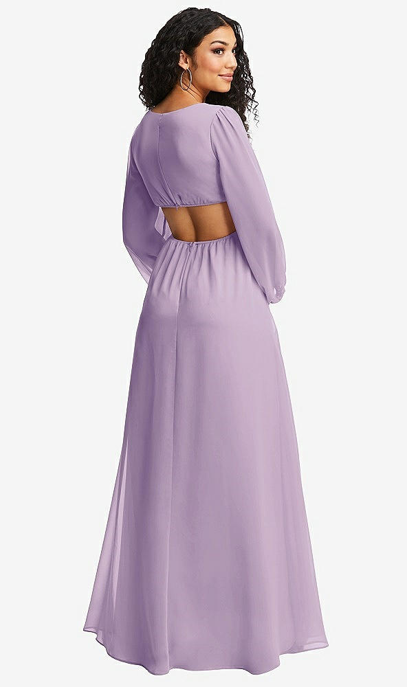 Back View - Pale Purple Long Puff Sleeve Cutout Waist Chiffon Maxi Dress 