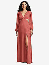 Front View Thumbnail - Coral Pink Long Puff Sleeve Cutout Waist Chiffon Maxi Dress 