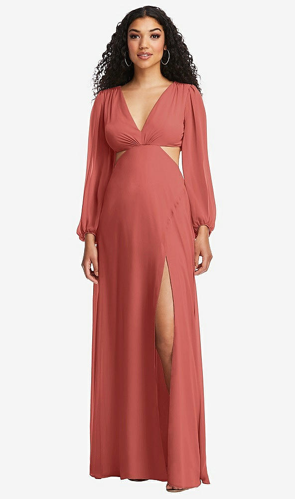 Front View - Coral Pink Long Puff Sleeve Cutout Waist Chiffon Maxi Dress 