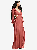Side View Thumbnail - Coral Pink Long Puff Sleeve Cutout Waist Chiffon Maxi Dress 