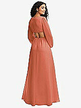 Rear View Thumbnail - Terracotta Copper Long Puff Sleeve Cutout Waist Chiffon Maxi Dress 
