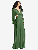 Side View Thumbnail - Vineyard Green Long Puff Sleeve Cutout Waist Chiffon Maxi Dress 