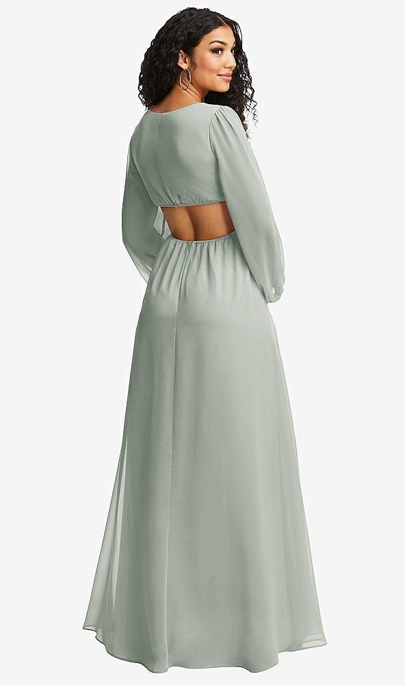 Back View - Willow Green Long Puff Sleeve Cutout Waist Chiffon Maxi Dress 