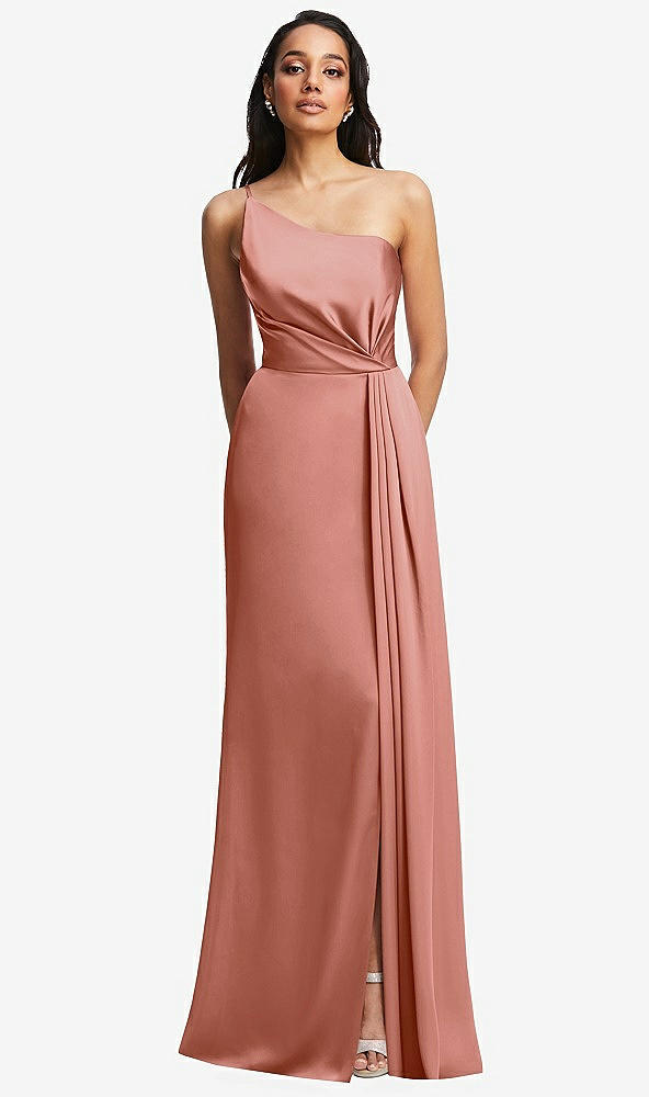 Front View - Desert Rose One-Shoulder Draped Skirt Satin Trumpet Gown