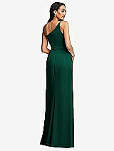Rear View Thumbnail - Hunter Green One-Shoulder Draped Skirt Satin Trumpet Gown
