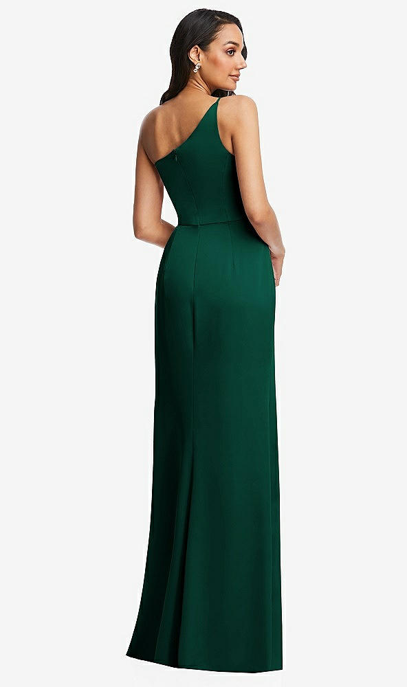 Back View - Hunter Green One-Shoulder Draped Skirt Satin Trumpet Gown