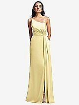 Front View Thumbnail - Pale Yellow One-Shoulder Draped Skirt Satin Trumpet Gown
