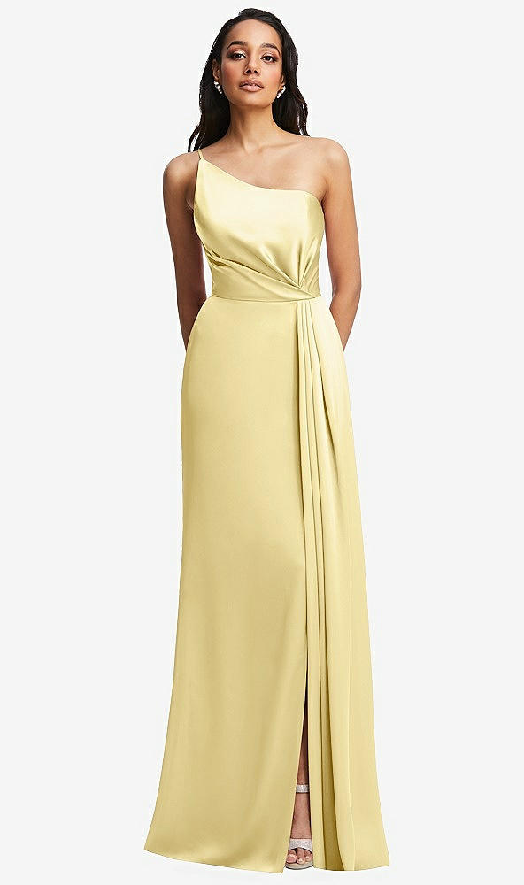 Front View - Pale Yellow One-Shoulder Draped Skirt Satin Trumpet Gown