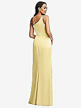 Rear View Thumbnail - Pale Yellow One-Shoulder Draped Skirt Satin Trumpet Gown