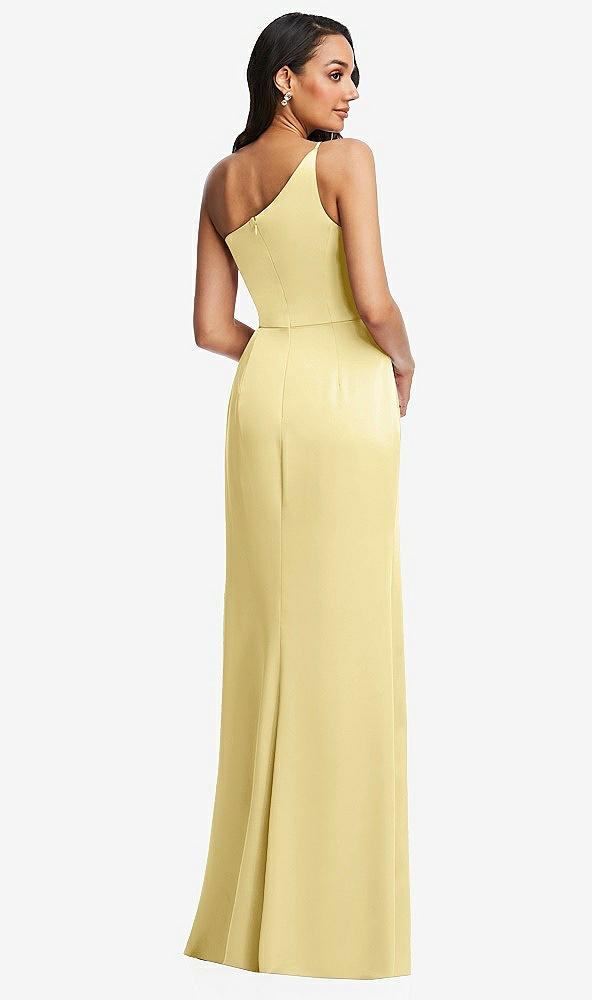 Back View - Pale Yellow One-Shoulder Draped Skirt Satin Trumpet Gown