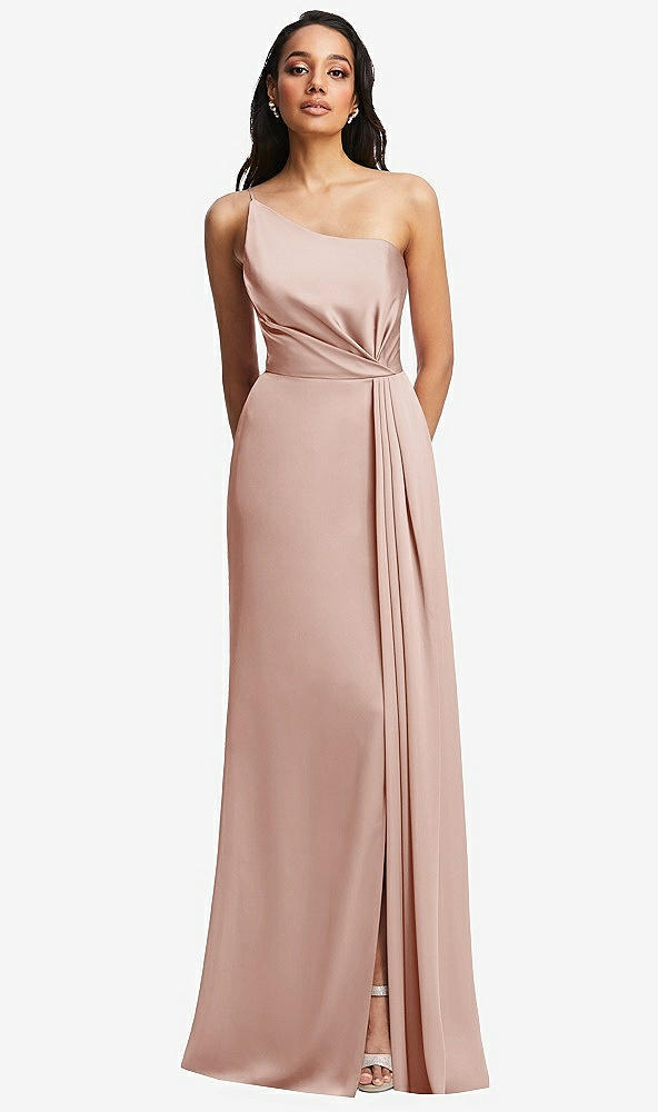Front View - Toasted Sugar One-Shoulder Draped Skirt Satin Trumpet Gown