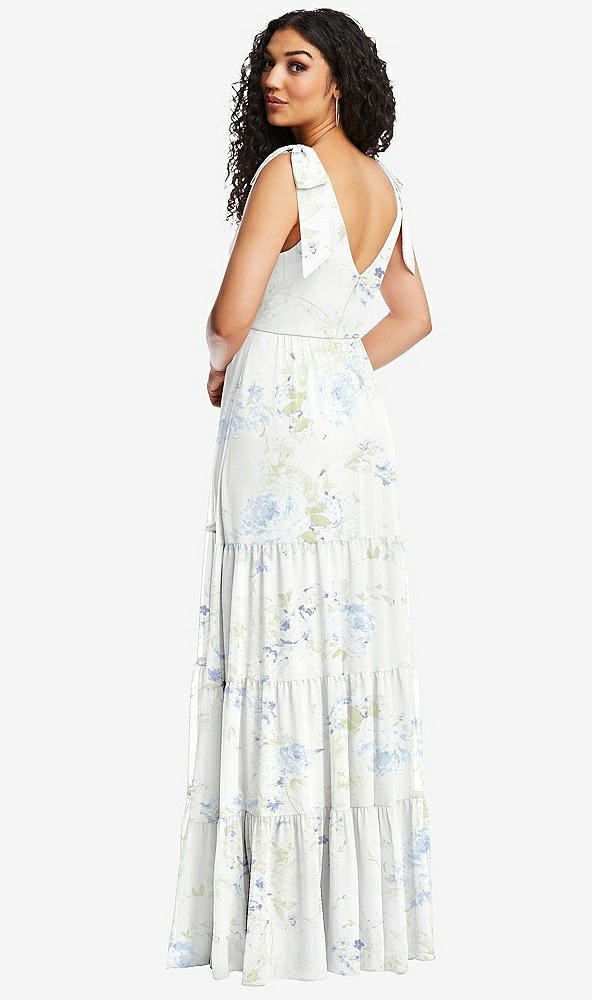 Back View - Bleu Garden Bow-Shoulder Faux Wrap Maxi Dress with Tiered Skirt