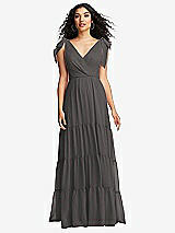 Front View Thumbnail - Caviar Gray Bow-Shoulder Faux Wrap Maxi Dress with Tiered Skirt