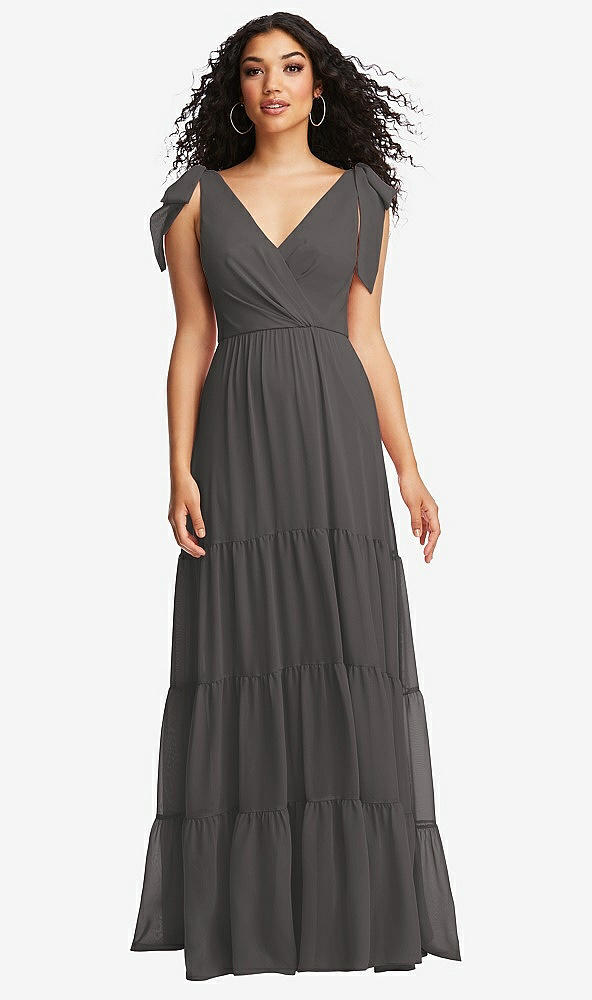 Front View - Caviar Gray Bow-Shoulder Faux Wrap Maxi Dress with Tiered Skirt