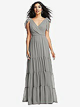 Front View Thumbnail - Chelsea Gray Bow-Shoulder Faux Wrap Maxi Dress with Tiered Skirt