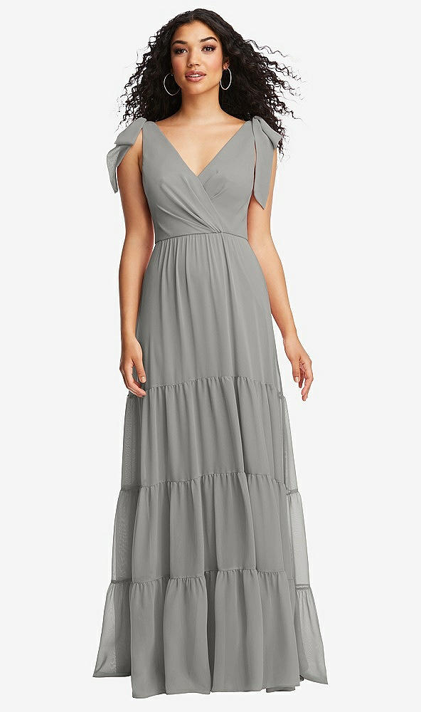 Front View - Chelsea Gray Bow-Shoulder Faux Wrap Maxi Dress with Tiered Skirt