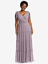 Alt View 1 Thumbnail - Lilac Dusk Bow-Shoulder Faux Wrap Maxi Dress with Tiered Skirt