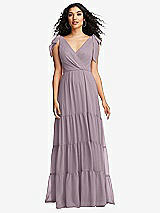 Front View Thumbnail - Lilac Dusk Bow-Shoulder Faux Wrap Maxi Dress with Tiered Skirt