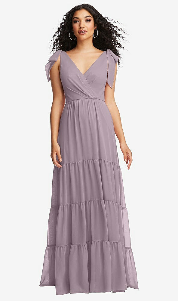 Front View - Lilac Dusk Bow-Shoulder Faux Wrap Maxi Dress with Tiered Skirt