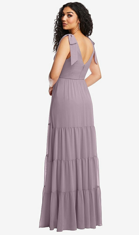 Back View - Lilac Dusk Bow-Shoulder Faux Wrap Maxi Dress with Tiered Skirt