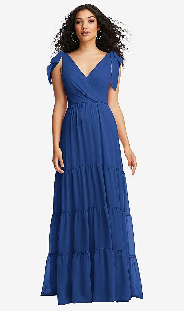 Front View - Classic Blue Bow-Shoulder Faux Wrap Maxi Dress with Tiered Skirt