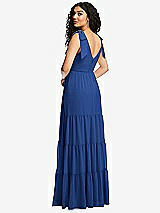 Rear View Thumbnail - Classic Blue Bow-Shoulder Faux Wrap Maxi Dress with Tiered Skirt