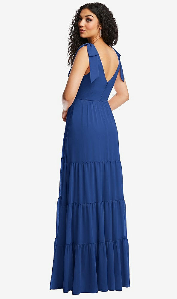 Back View - Classic Blue Bow-Shoulder Faux Wrap Maxi Dress with Tiered Skirt