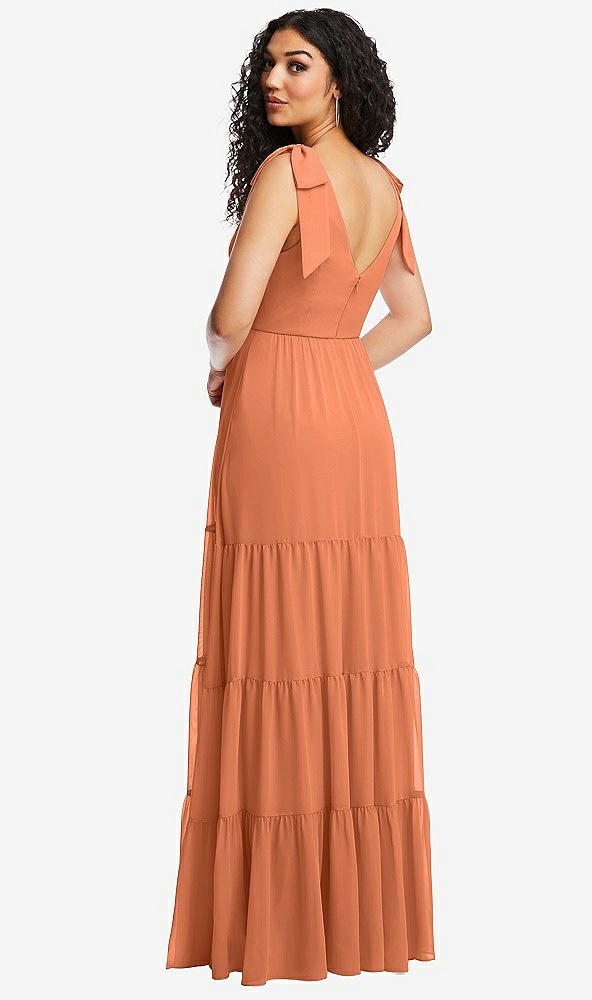 Back View - Sweet Melon Bow-Shoulder Faux Wrap Maxi Dress with Tiered Skirt
