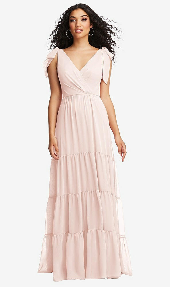 Front View - Blush Bow-Shoulder Faux Wrap Maxi Dress with Tiered Skirt