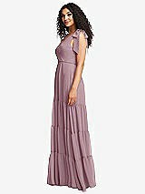 Side View Thumbnail - Dusty Rose Bow-Shoulder Faux Wrap Maxi Dress with Tiered Skirt