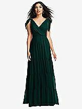Front View Thumbnail - Evergreen Bow-Shoulder Faux Wrap Maxi Dress with Tiered Skirt