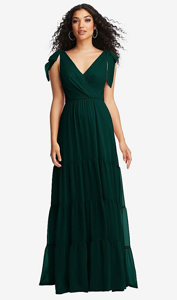 Front View - Evergreen Bow-Shoulder Faux Wrap Maxi Dress with Tiered Skirt