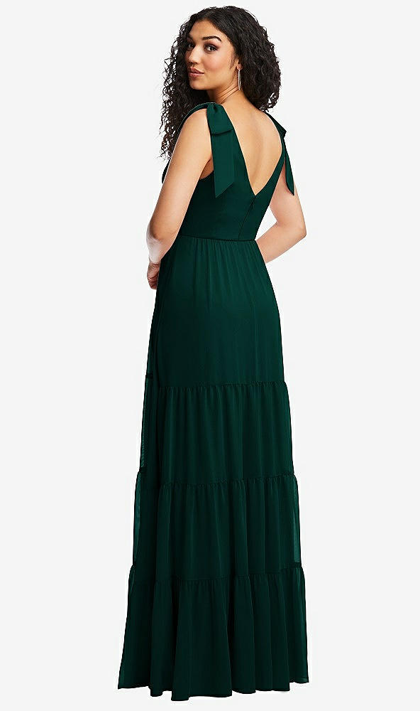 Back View - Evergreen Bow-Shoulder Faux Wrap Maxi Dress with Tiered Skirt