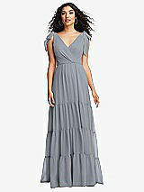 Front View Thumbnail - Platinum Bow-Shoulder Faux Wrap Maxi Dress with Tiered Skirt