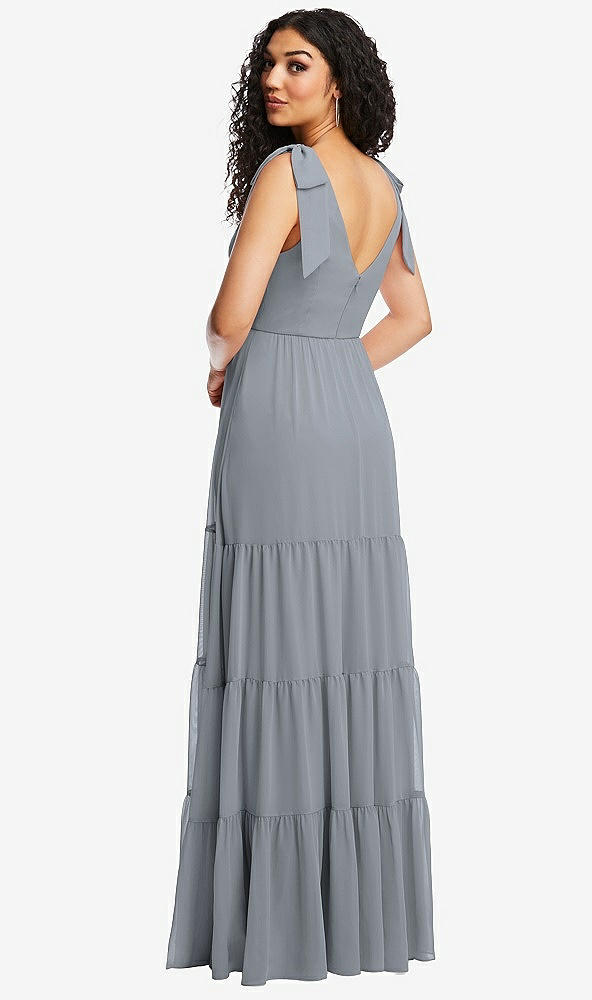Back View - Platinum Bow-Shoulder Faux Wrap Maxi Dress with Tiered Skirt