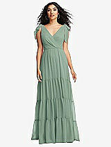 Front View Thumbnail - Seagrass Bow-Shoulder Faux Wrap Maxi Dress with Tiered Skirt