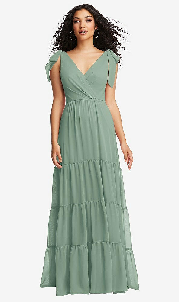 Front View - Seagrass Bow-Shoulder Faux Wrap Maxi Dress with Tiered Skirt