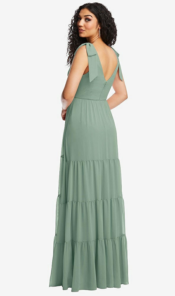 Back View - Seagrass Bow-Shoulder Faux Wrap Maxi Dress with Tiered Skirt