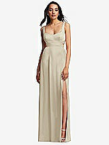 Front View Thumbnail - Champagne Open Neck Cross Bodice Cutout  Maxi Dress with Front Slit